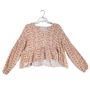 Simply Southern Women's L Daisy Floral Oversized Smocked Puff Sleeve Crop Top